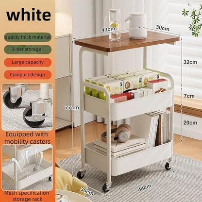 3Tier Rolling Cart - Metal Utility Cart with Wheels, Heavy Duty Mesh Rolling Storage Cart Organizer for Kitchen Office Bedroom Living Room Table (White)