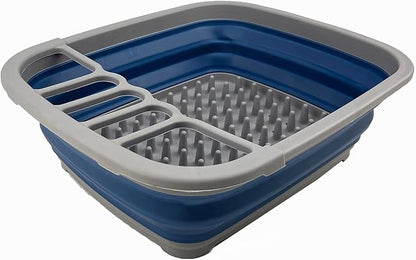 SAMMART 8L (2.11Gallons) Collapsible Plastic Dish Drainer - Foldable Drying Rack - Portable Dinnerware Organizer - Space Saving Kitchen Utensil Storage Tray (Grey/Mist Blue)