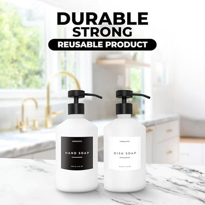 Luxury Glass Soap Dispenser Set of 2 - Elegant Aesthetic White Glass Bottles with Modern Matte Black Stainless Steel Pumps, Ideal for Kitchen, Bathroom, Hand Soap, Dish Soap, and More.