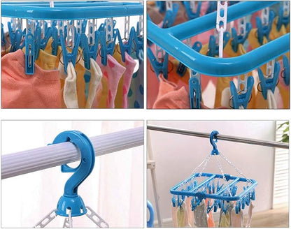 SteelFever Clothes Drying Hanger with 32 Clips, Foldable Hanging Drying Rack for Clothes Underwear Socks (Blue)
