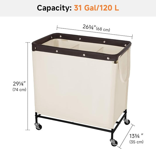 StorageWorks 3 Section Laundry Hamper, Rolling Laundry Cart with Wheels and Handles, Laundry Room Double Sorter for Organizer and Storage, 31.7 Gal(120L), Beige