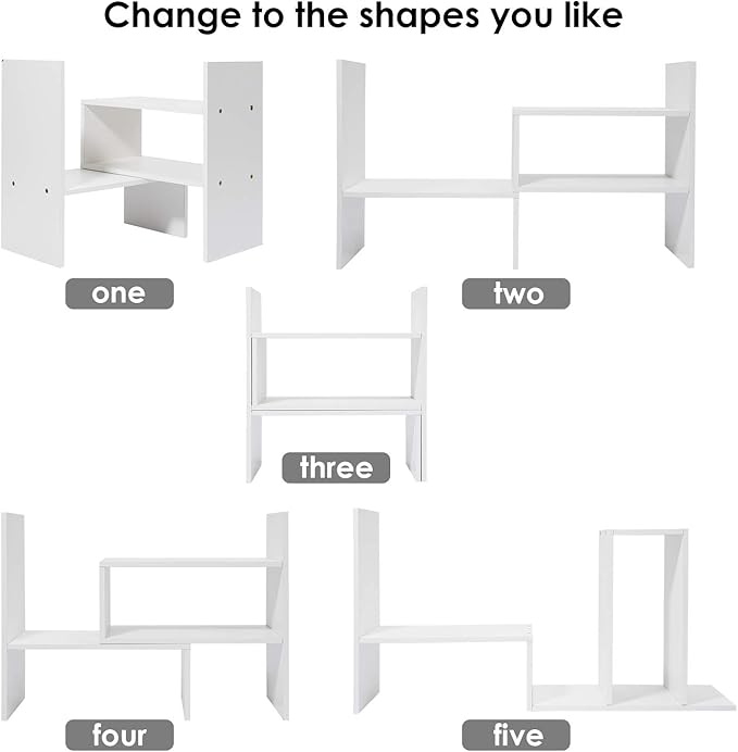 Wood Adjustable Desktop Storage Organizer Display Shelf Rack, Office Supplies Desk Organizer,White