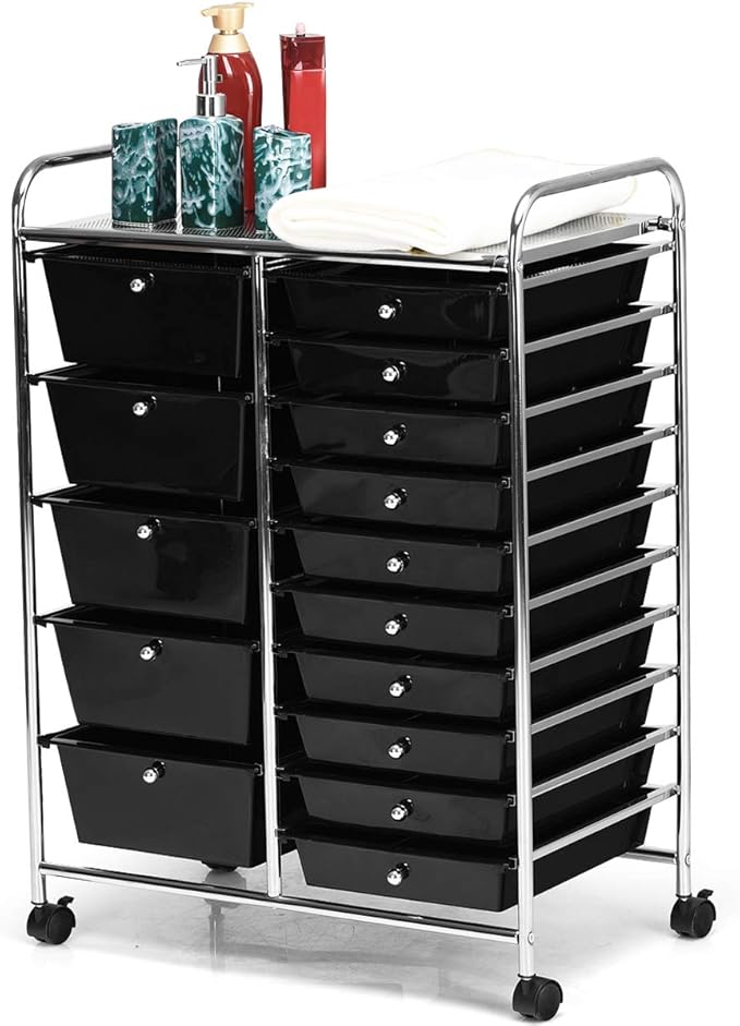 KOTEK 15-Drawer Rolling Storage Cart, Multipurpose Mobile Utility Cart with 4 Wheels, Home Office School Tools Scrapbook Paper Organizer (Black)