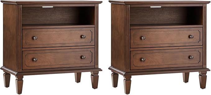 HULALA HOME Farmhouse End Table with Charging Station Set of 2, End Table with USB Ports & Outlets, Fluted Pilasters Design Side Table with Open Space and 2 Drawers Dresser for Living Room, Walnut