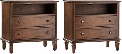 HULALA HOME Farmhouse End Table with Charging Station Set of 2, End Table with USB Ports & Outlets, Fluted Pilasters Design Side Table with Open Space and 2 Drawers Dresser for Living Room, Walnut