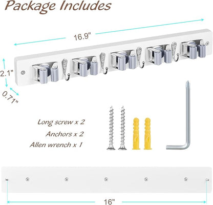 Mop and Broom Holder Wall Mount - White Broom Mop Hanger - Wall Mounted Garden Tool Rack Organizer for Closet Garage Laundry Room Kitchen Decor With 5 Slots & 4 Hooks
