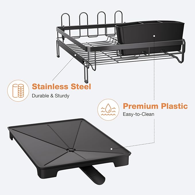 Vathingood Extendable Dish Drying Rack, Drying Rack with Automatic Drainboard, Dish Drainers for Kitchen Counter, Anti-Rust Dish Drainers with Cup Holders & Utensil, Black