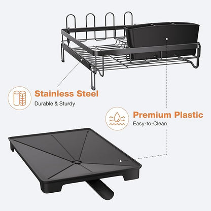 Vathingood Extendable Dish Drying Rack, Drying Rack with Automatic Drainboard, Dish Drainers for Kitchen Counter, Anti-Rust Dish Drainers with Cup Holders & Utensil, Black