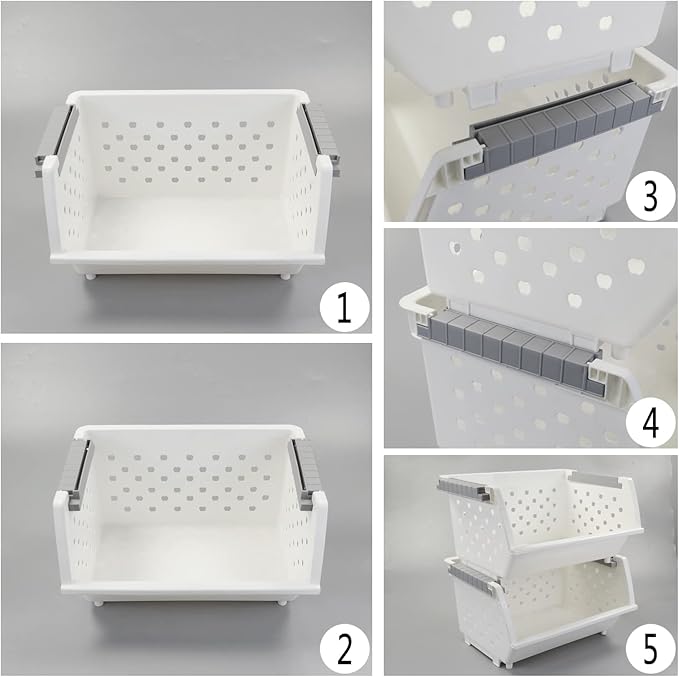 4-Pack Plastic Stackable Storage Basket Organizer, Multi-functional Stacking Basket Bins, White