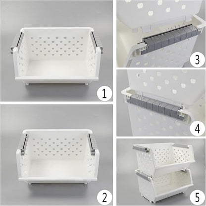4-Pack Plastic Stackable Storage Basket Organizer, Multi-functional Stacking Basket Bins, White