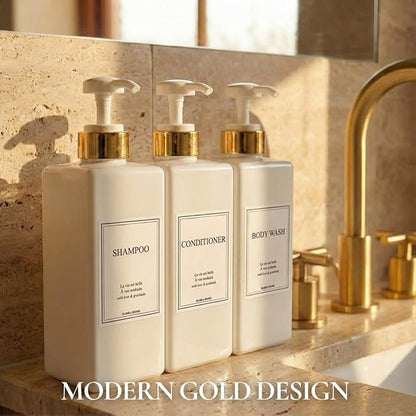 Modern Gold Design Shampoo and Conditioner Dispenser, Large 27oz Shower Soap Dispenser, Set of 3 Refillable Empty Plastic Pump Bottles for Bathroom and Body Wash (6 Waterproof Labels Included), White