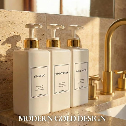 Modern Gold Design Shampoo and Conditioner Dispenser, Large 27oz Shower Soap Dispenser, Set of 3 Refillable Empty Plastic Pump Bottles for Bathroom and Body Wash (6 Waterproof Labels Included), White