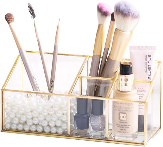 Golden Vintage Glass Box Clear Glass & Brass Metal Storage Jewelry and Cosmetic Makeup Brush Lipstick Holder Organizer Beauty Display with 5 Compartment