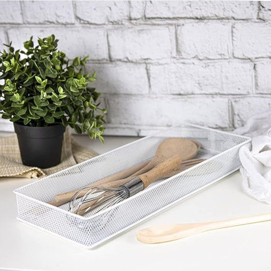 YBM HOME White Mesh Drawer Organizer and Storage for Kitchen Drawers, Serves as School Supply Holder, Office Desktop Organizer Basket, Makeup and Craft Supplies Organization, (2 Pack, 4x12x2 Inch)