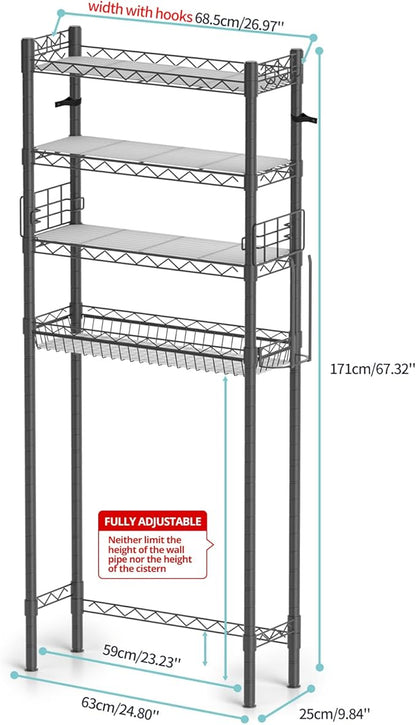 Hodonas 4-Tier Over The Toilet Storage, Adjustable Over Toilet Bathroom Organizer Rack, Freestanding Bathroom Shelves Above Toilet Storage, Sturdy Bathroom Space Saver with Basket and Shelves, Gray