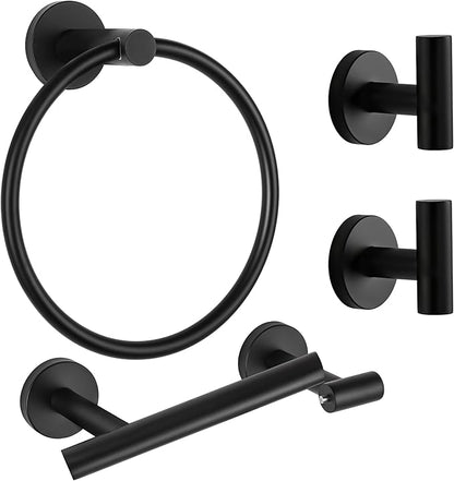 CozyTower Matte Black Quick Reload Toilet Paper Holder Wall Mount, SUS304 Stainless Steel Double Post Pivoting Tissue Roll Holder Hand Towel Holder Ring Wall Hook Bathroom Hardware Accessories Set