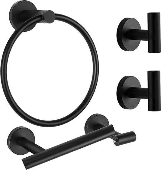 CozyTower Matte Black Quick Reload Toilet Paper Holder Wall Mount, SUS304 Stainless Steel Double Post Pivoting Tissue Roll Holder Hand Towel Holder Ring Wall Hook Bathroom Hardware Accessories Set