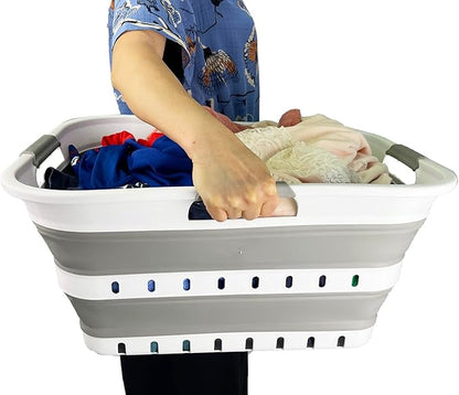 SAMMART 42L (11 gallons) Set of 2 Plastic Foldable Storage Basket/Container - Collapsible, Space Saving and Portable Laundry Hamper, Ideal for Home, Travel, Dorm, and Camping (2, White/Grey)