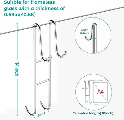 Cerbonny Shower Door Hooks (14 Inch), 2 Pack Super Extended Towel Hooks for Bathroom, Over Door Hooks, Shower Hooks for Frameless Glass Door, Silver