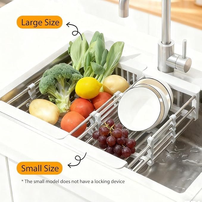 Extend Kitchen Sink Drain Basket, Adjustable & Expandable Stainless Steel Dish Drainers for Kitchen Counter, Portable & Telescopic Space-Saving Solution for Fruit Vegetable