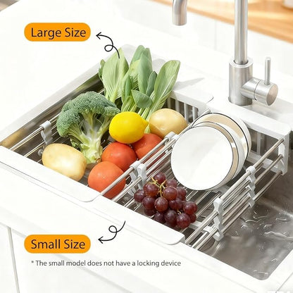 Extend Kitchen Sink Drain Basket, Adjustable & Expandable Stainless Steel Dish Drainers for Kitchen Counter, Portable & Telescopic Space-Saving Solution for Fruit Vegetable