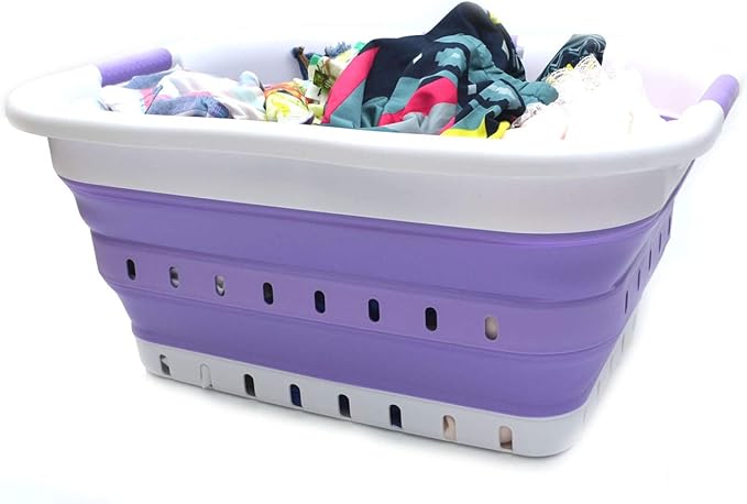 SAMMART 41L (10.8 gallon) Set of 2 Collapsible 3 Handled Plastic Laundry Basket-Foldable Pop Up Storage Container/Organizer-Space Saving Hamper/Basket (2, White/Lt. Purple)