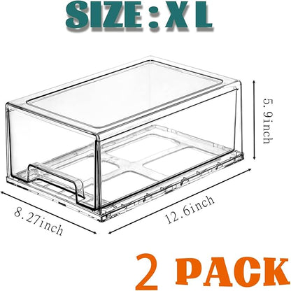 Clear Stackable Refrigerator Organizers and Storage Drawers - Pull-Out Fridge Bins with Anti-Slip Base & Easy Clean, Plastic Organizers for Kitchen Pantry Cabinet Closet ﻿ (2XL)
