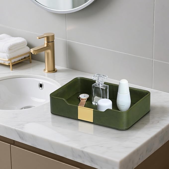 MEIBOOCH 10.2" x 6.7" Nightstand Organizer Tray with Gold Accent, Decorative Valet Trays Cologne Organizer for Men, Key Bowl Perfume Trinket Tray for Dresser Bedside Entryway Table (Dark Green)