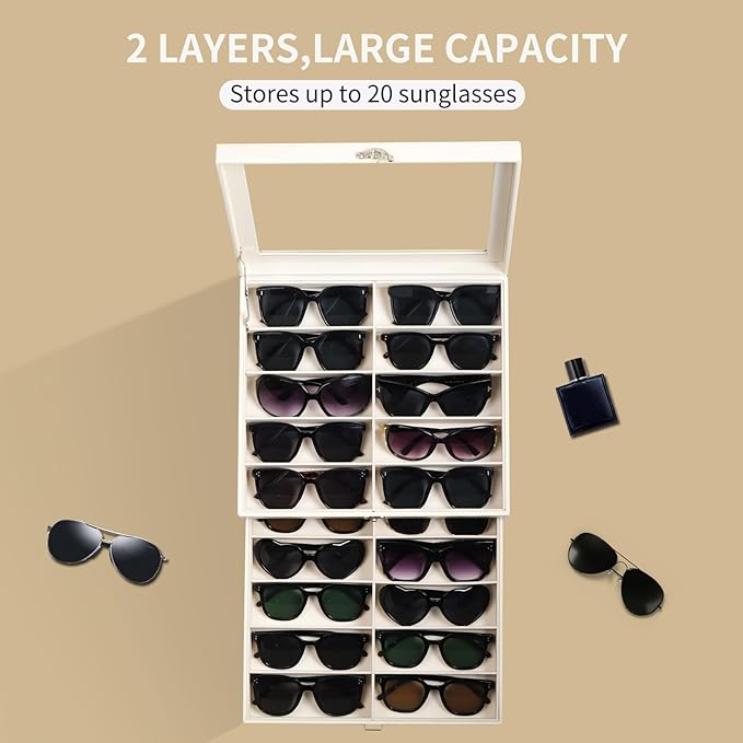 AUTOARK 2-Tier Lockable Glasses & Jewelry Organizer Case with Glass Top,20 Capacity PU Leather Display Box for Sunglasses,Watches,Rings,Ideal Gift for Home Office,Beige,MKAW-303