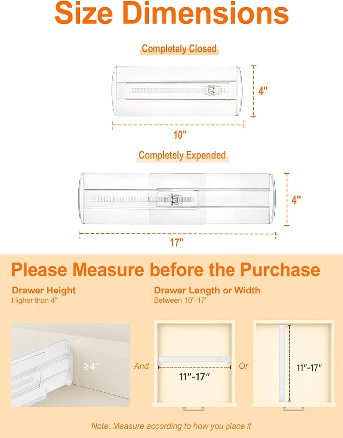 8 Pack 4" High Drawer Dividers for Clothes, 10.6"-16.9" Expandable Drawer Divider Adjustable Drawer Separator, Clear Dresser Drawer Organizer for Clothes, Underwear, Cosmetic, Kitchen Utensils Storage