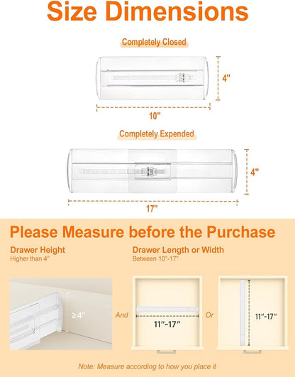 8 Pack 4" High Drawer Dividers for Clothes, 10.6"-16.9" Expandable Drawer Divider Adjustable Drawer Separator, Clear Dresser Drawer Organizer for Clothes, Underwear, Cosmetic, Kitchen Utensils Storage