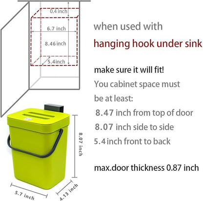 Food Waste Basket Bin for Kitchen, Odor-Free Food Scrap Container,Small Countertop Compost Bin with Lid, Mini Garbage Can Wall Mounted Trash Can, 3L/0.8 Gal Series, Green