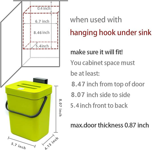 Food Waste Basket Bin for Kitchen, Odor-Free Food Scrap Container,Small Countertop Compost Bin with Lid, Mini Garbage Can Wall Mounted Trash Can, 3L/0.8 Gal Series, Green