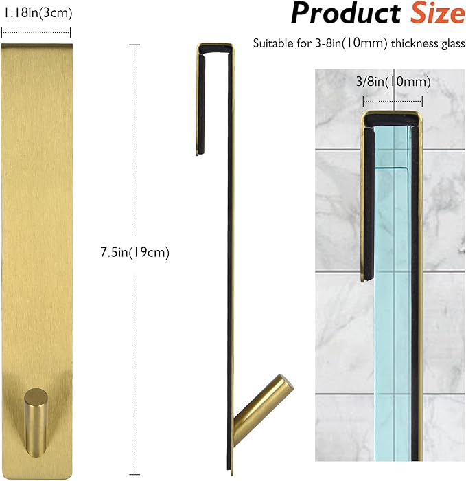 Kontoyo Shower Door Hooks (4 Pcs), 304 Stainless Steel, 7.5x1.18in, Gold, Frameless Glass Door Towel Storage, Lightweight, Heavy Duty, Rust Resistant, Removable, Non Slip