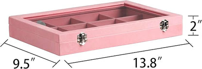 Frebeauty Velvet Jewelry Tray,12 Grid Jewelry Organizer with Clear Lid,Bracelets Holder,Jewelry Display Case with Clasp,Drawer Insert Bangle Brooch,13.8 x 9.5 x 2 Inches,Gift for Women Girls(Pink)