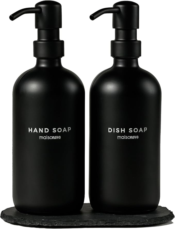 MaisoNovo Soap Dispenser 3-Piece Set | 16.9oz Black Bottles with Black Stainless Steel Pump Core
