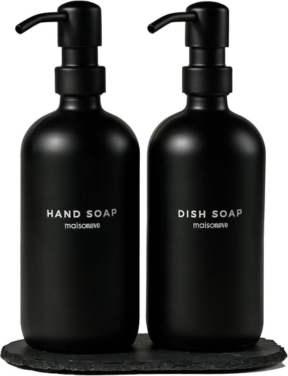 MaisoNovo Soap Dispenser 3-Piece Set | 16.9oz Black Bottles with Black Stainless Steel Pump Core