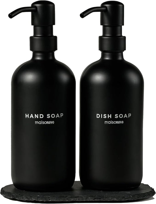 MaisoNovo Soap Dispenser 3-Piece Set | 16.9oz Black Bottles with Black Stainless Steel Pump Core