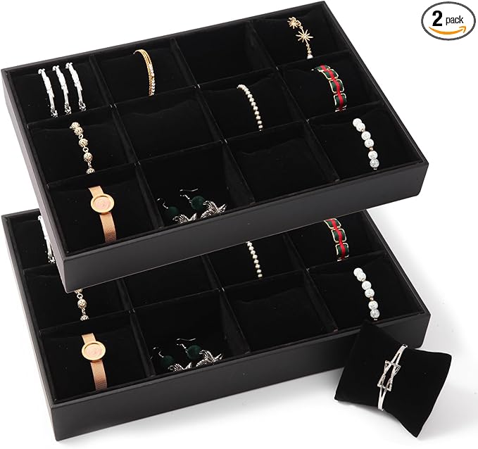 Polmart Stackable 12-Grid Jewelry Tray with Pillow, Black Velvet (2-Pack)