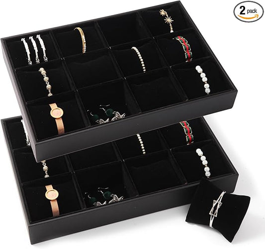 Polmart Stackable 12-Grid Jewelry Tray with Pillow, Black Velvet (2-Pack)