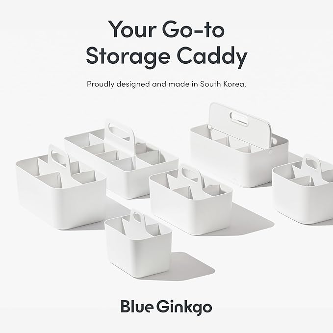 BLUE GINKGO Stackable Organizer Caddy – Korean-Made Portable Tote for Bathroom, Office, Crafts, or School Supplies (Rectangle, White)