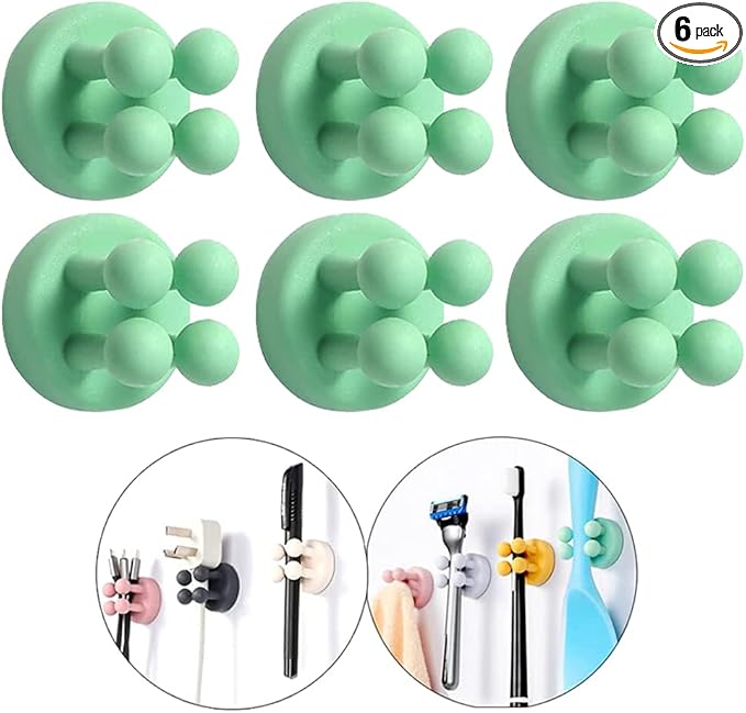 Defrko Silicone Toothbrush Holders - 6Pcs Razor Hooks Adhesive Wall Mounted for Hanging Towel Key Plug Cable, Utility Decor Stick to Dorm Room Door Function for Kitchen Bathroom Home Office, Green