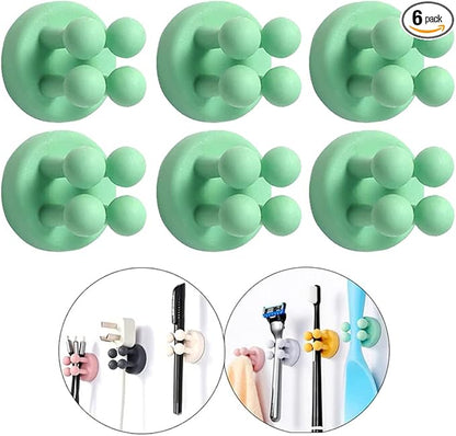 Defrko Silicone Toothbrush Holders - 6Pcs Razor Hooks Adhesive Wall Mounted for Hanging Towel Key Plug Cable, Utility Decor Stick to Dorm Room Door Function for Kitchen Bathroom Home Office, Green