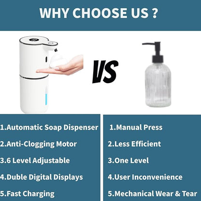 Automatic Soap Dispenser Touchless, Foaming Soap Dispenser 6 Adjustable Level Hands Free USB Rechargeable Dispenser Electric Wall Mounted Dish Dispenser Kitchen Bathroom