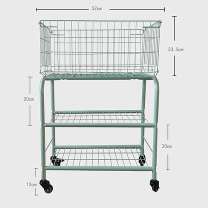 3 layerS rolling wire laundry basket,easy moved laundry cart for clothes,pants laundry. children toys organization cart,metal cart with metal frame,enlarge the storage (MINT)