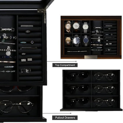 Decorebay Executive Unisex Black Wood Valet sunglasses and Jewelry Box Storage (SuperStar 2)