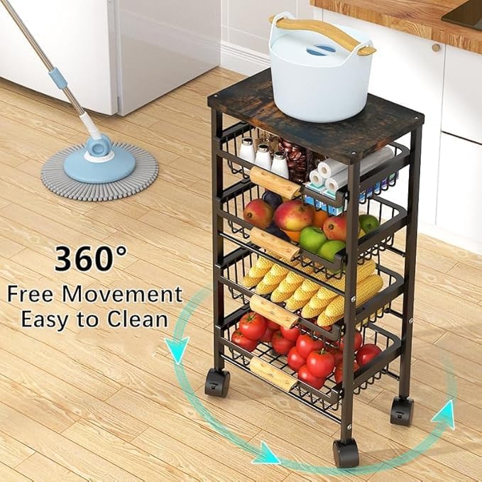 CarolynDesign 5 Tier Metal Wire Basket Cart on Wheels for Kitchen, Stackable Shelf Floor Standing Fruit Vegetable Storage Bins with Pull Out Drawers for Living Room Bedroom and Bathroom