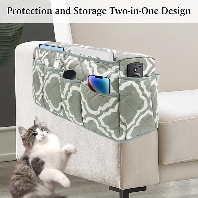 HADEEONG Remote Control Holder, Non Slip Bedside Armchair Caddy, Recliner Arm Caddy Armrest Organizer with 14 Pockets for Cell Phone TV Remote Control Magazines