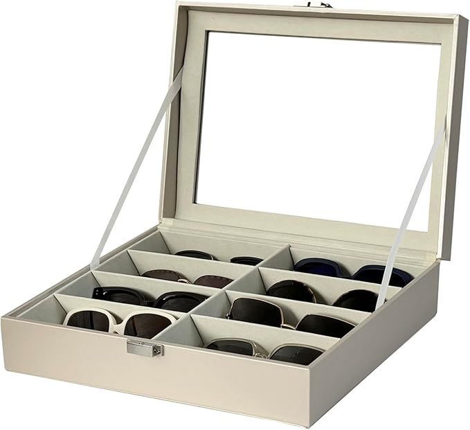 UnionPlus 8-Slots Sunglasses Case Organizer, Eyeglass Glasses Display Holder Collector, Multiple Sunglasses Storage Case, Pearly-lustre Beige