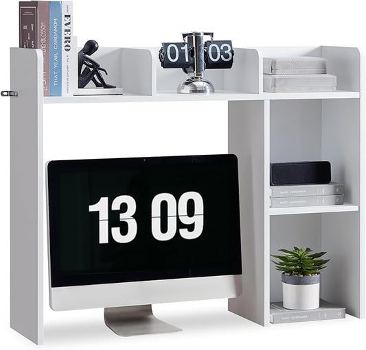 Desktop Bookshelf, Wooden Desk Storage Hutch with 5 Shelves, 3-Tier Desktop Display Organizer Rack for Office Home (White, 5 Shelves A)